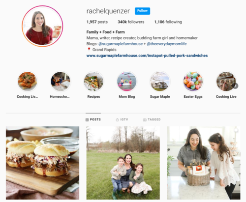 screenshot of the Instagram profile of @rachelquenzer
