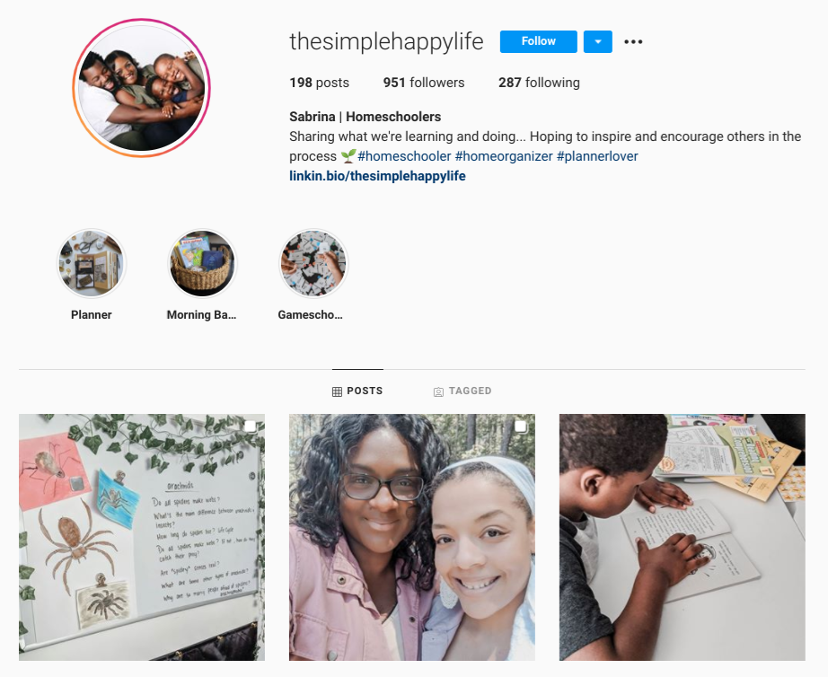 screenshot of Instagram profile for @thesimplehappylife