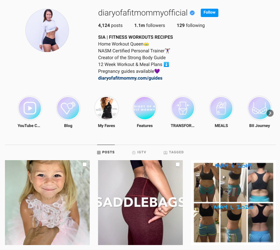 screenshot of the Instagram profile of @diaryofafitmommyofficial