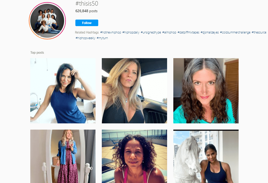 screenshot of #thisis50 on Instagram in 2020 with people over 5-