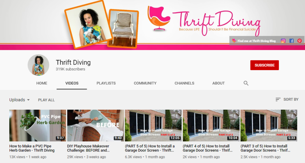 screenshot of the YouTube channel page for THRIFT DIVING