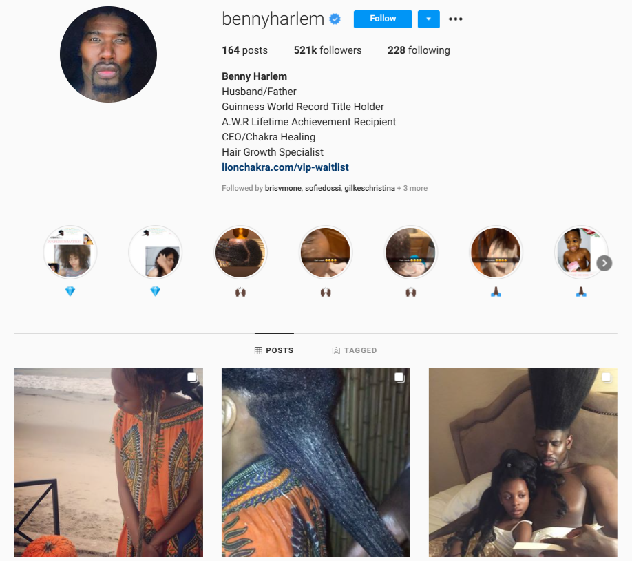 screenshot of IG profile for @bennyharlem