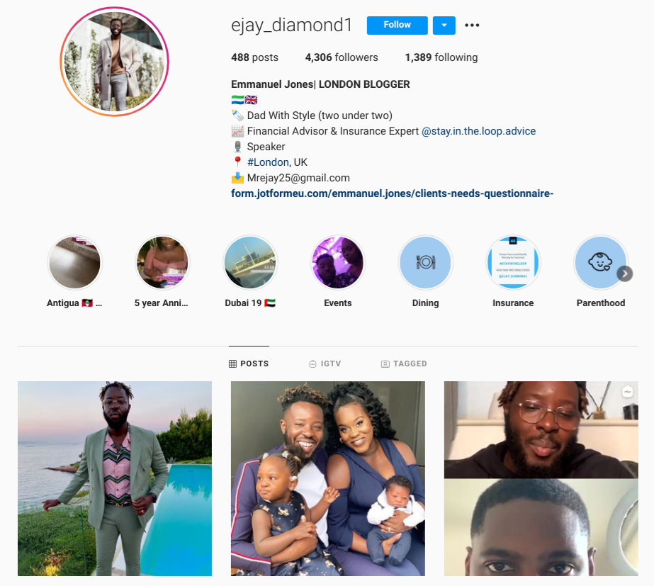 screenshot of IG profile for @ejay_diamond1