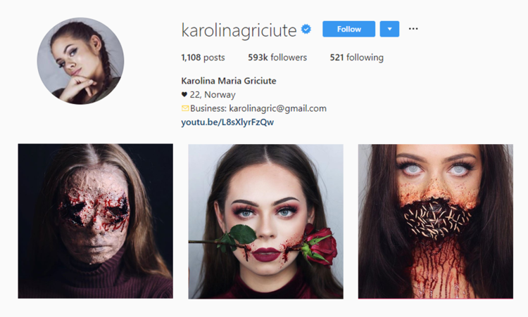 Halloween makeup looks by @karolinagriciute - 3 pics from her Instagram profile