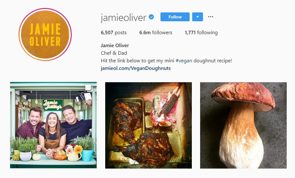 Screenshot of @JAMIEOLIVER handle on Instagram.