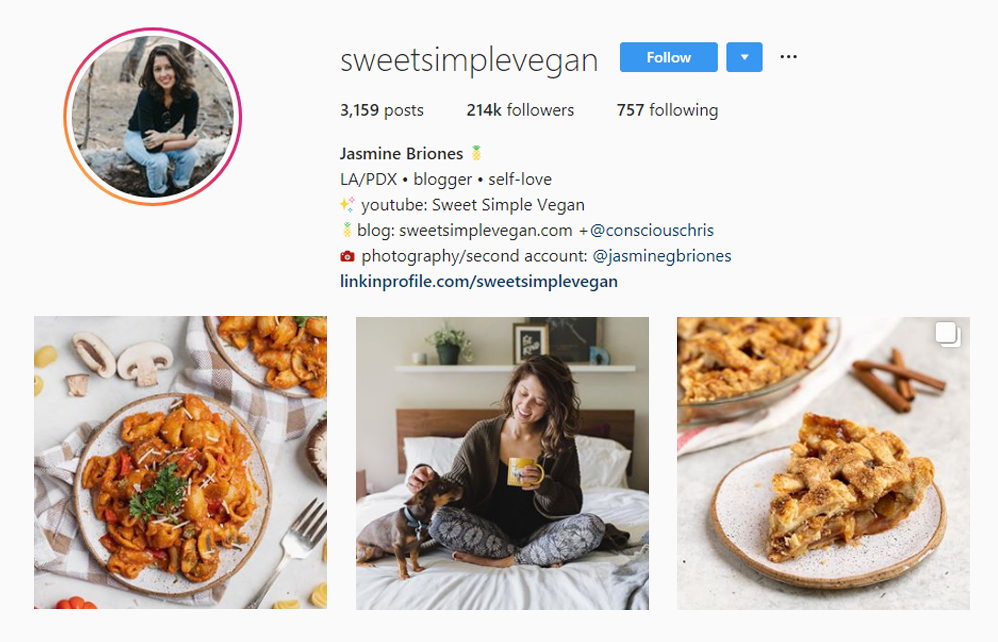 Screenshot of @SWEETSIMPLEVEGAN handle on Instagram.