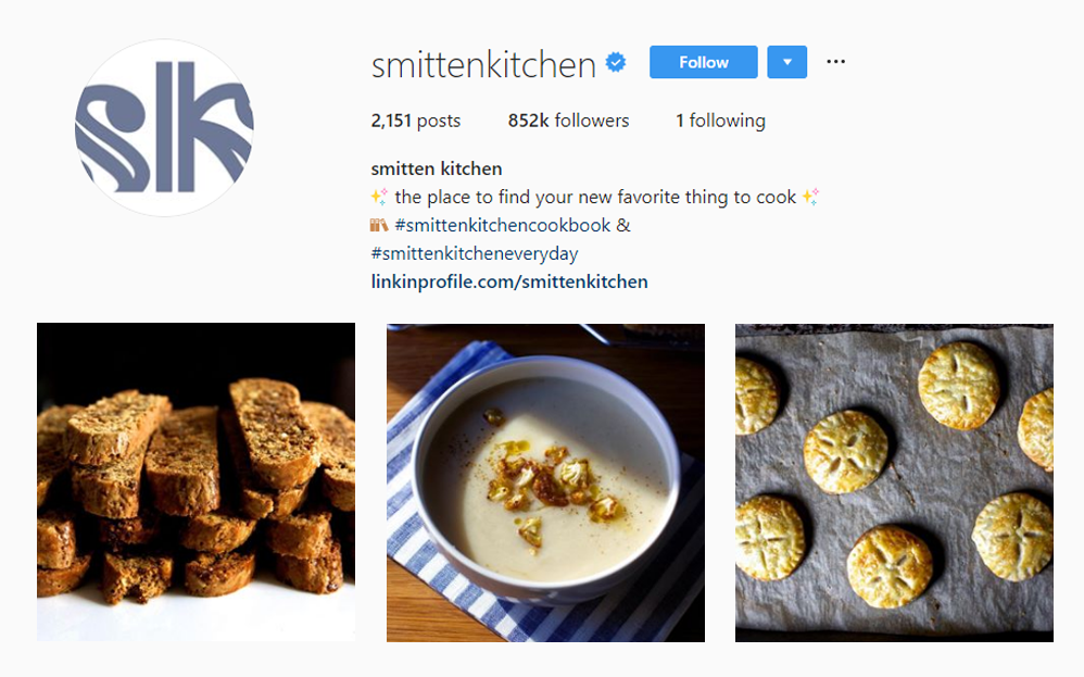 Screenshot of  @SMITTENKITCHEN handle on Instagram.