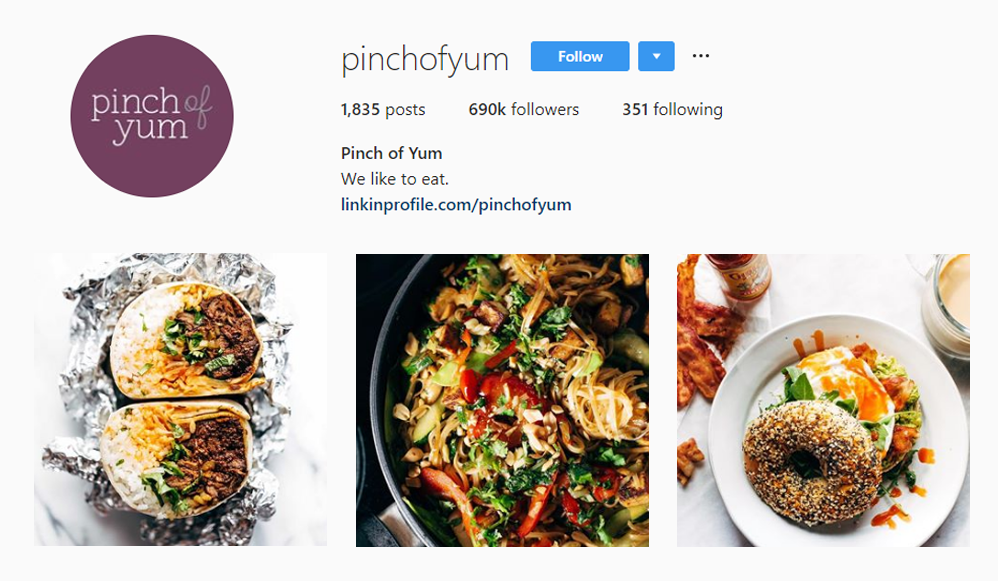 Screenshot of @PINCHOFYUM handle on Instagram.