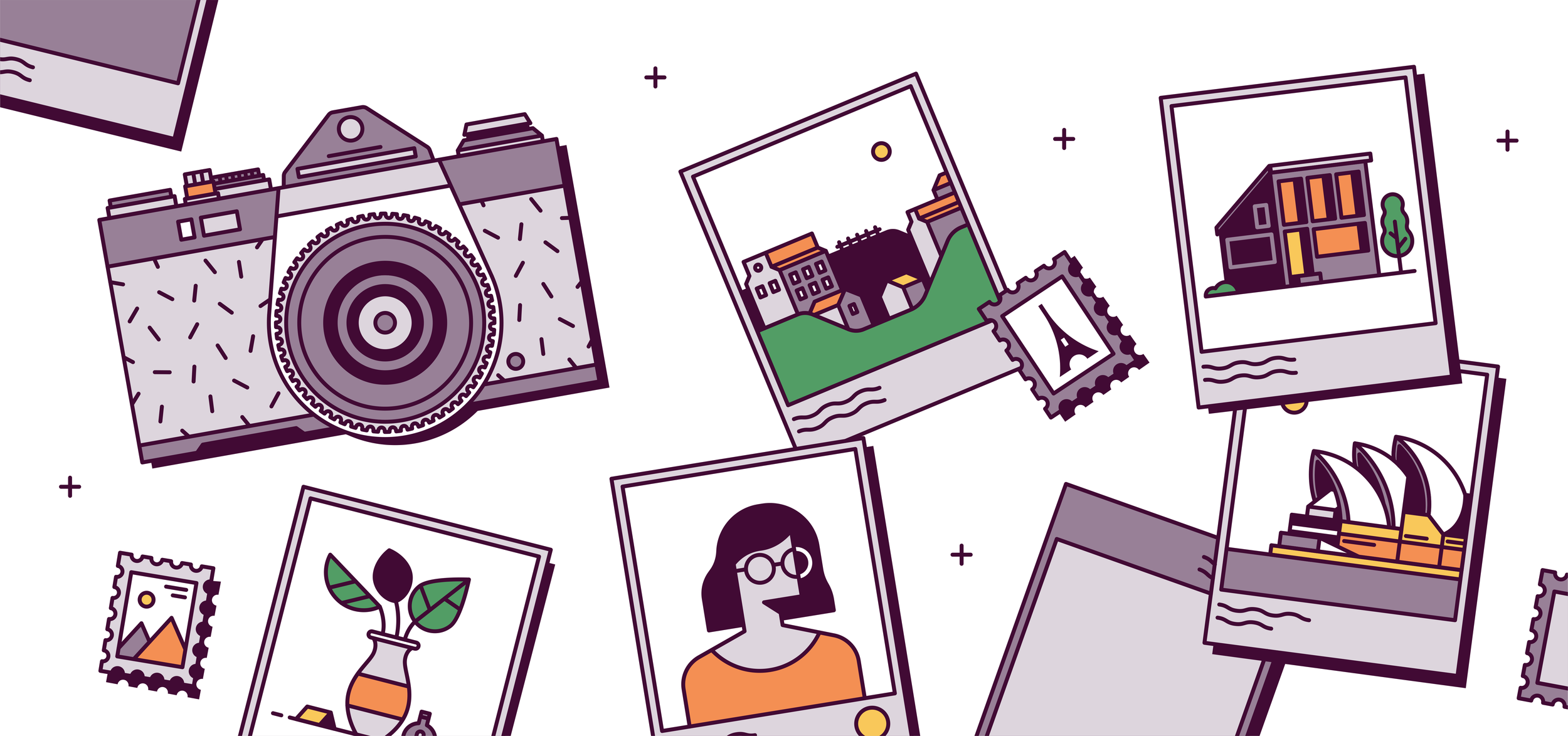 line illustration of camera and polaroids