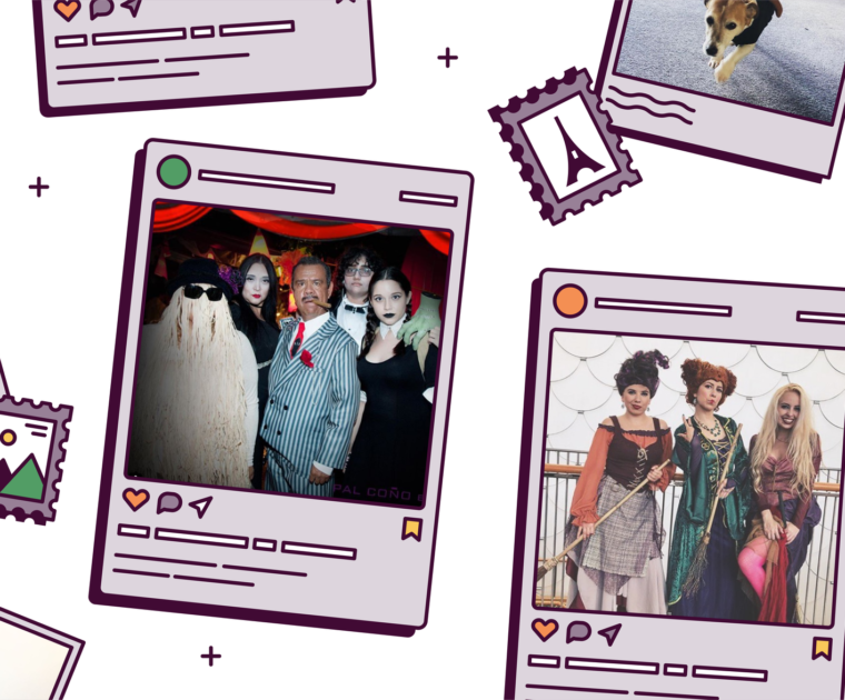 Colourful illustration of polaroid pictures which reads Halloween Costume Ideas That’ll Make You Flip Your Wig