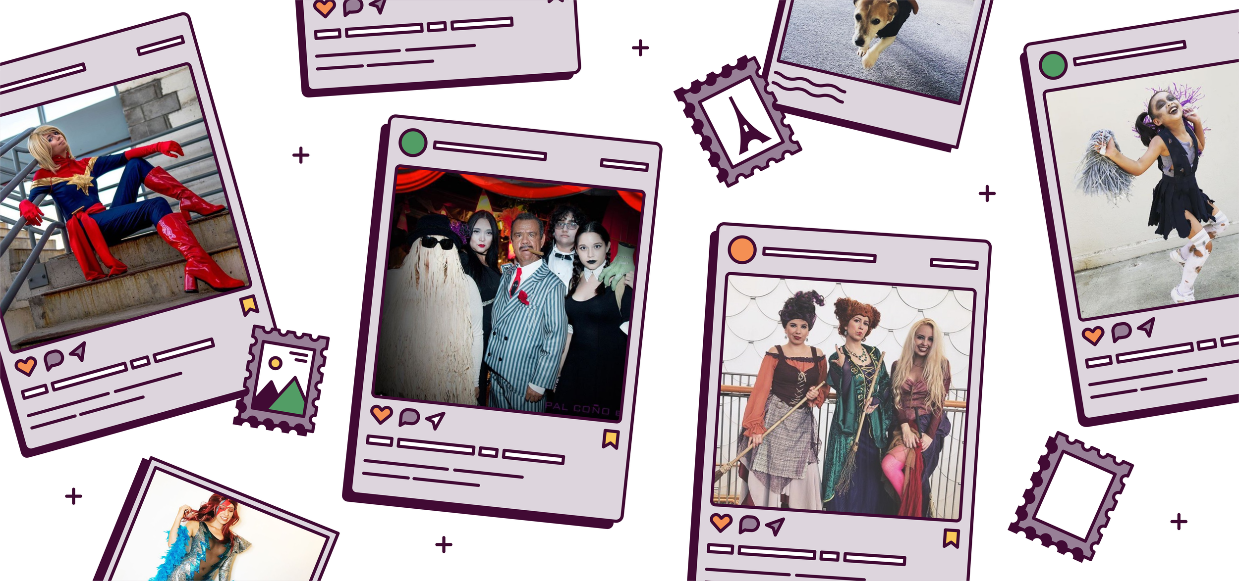 Colourful illustration of polaroid pictures which reads Halloween Costume Ideas That’ll Make You Flip Your Wig
