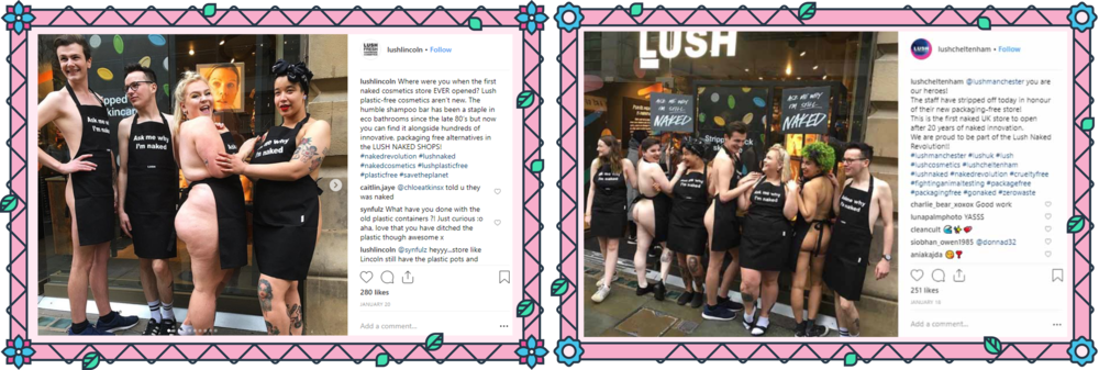 Screenshot of posts by Lush’s Naked stores on Instagram.
