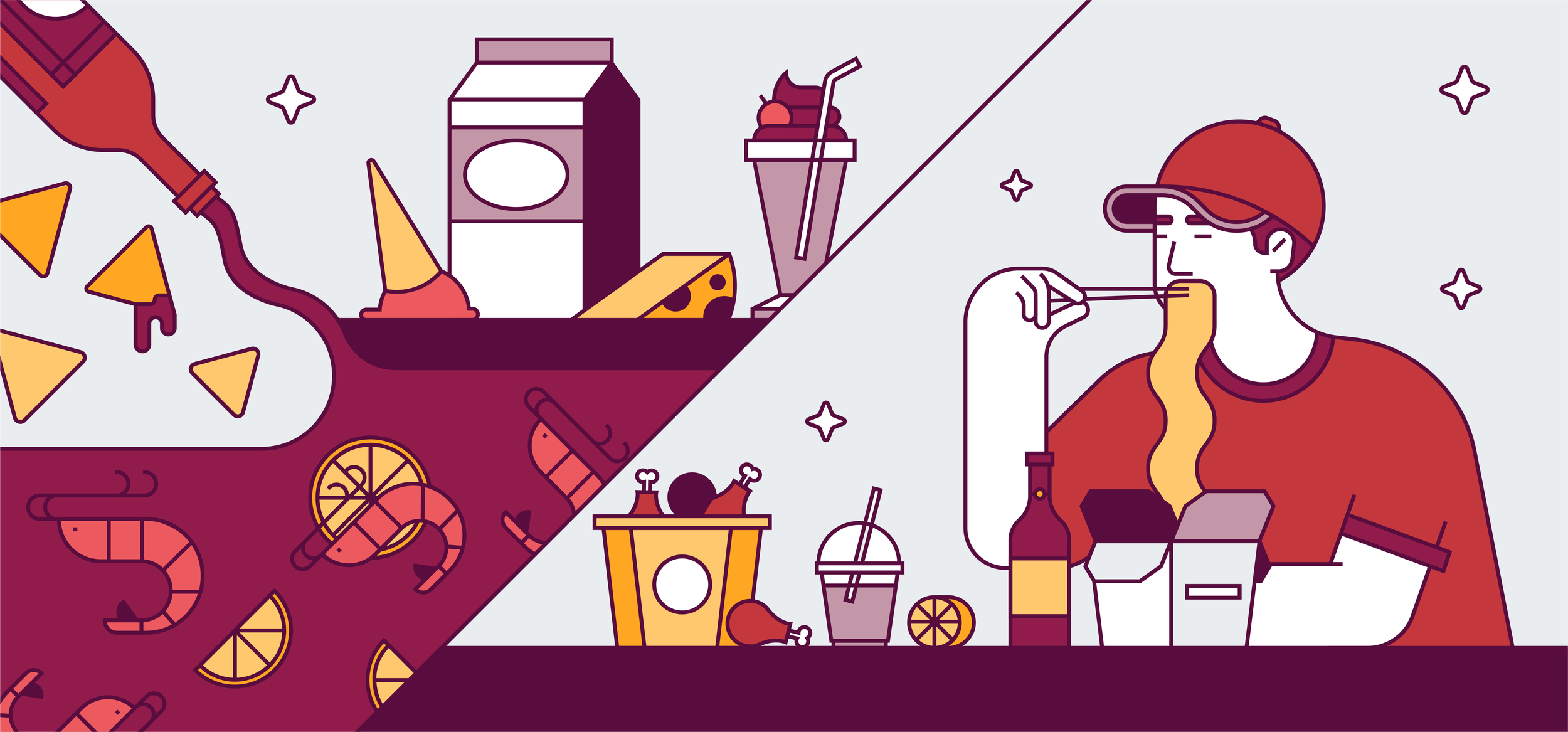 Colourful line illustration of various food items which reads 20 FOODIES, CHEFS, & FOOD BLOGGERS WE’RE DIGGING.