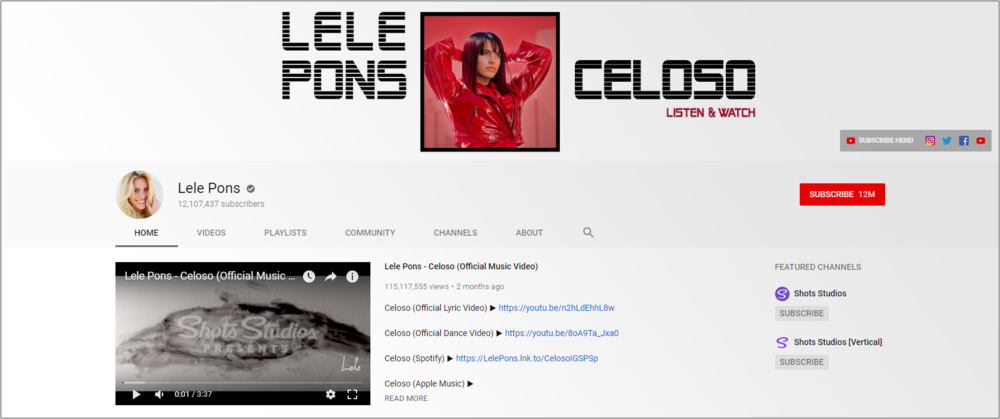 Screenshot of Lele Pons channel on YouTube.