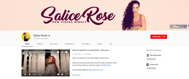 Screenshot of Salice Rose channel on YouTube.