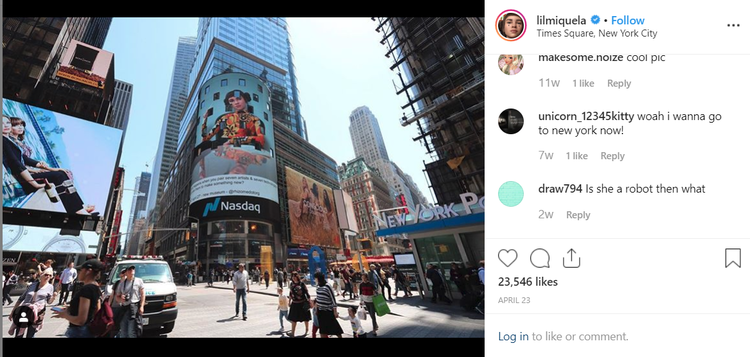 Screenshot of a post from lilmiquela's handle of Times Sqaure on instagram. 