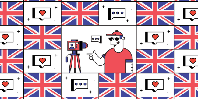 britain themed line illustatration with influencer in the middle of a grid of UK flags
