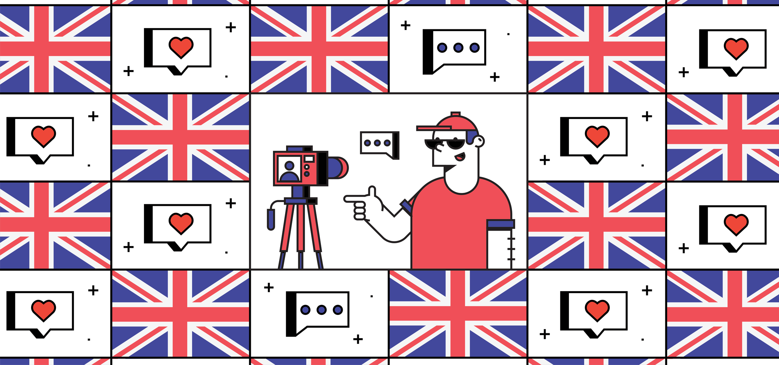 britain themed line illustatration with influencer in the middle of a grid of UK flags