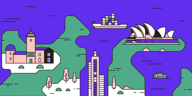 purple and green line illustration of Sydney landmarks