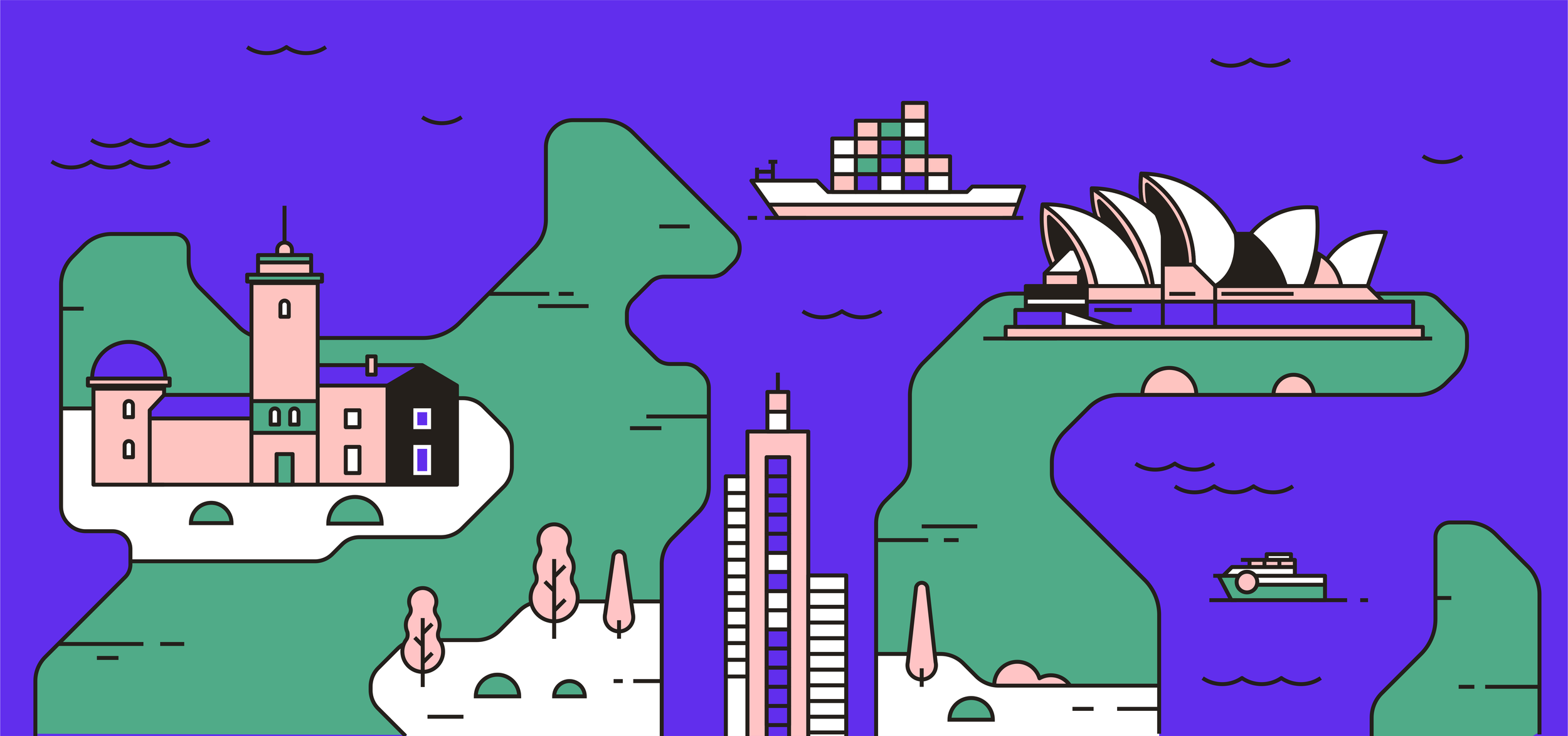 purple and green line illustration of Sydney landmarks