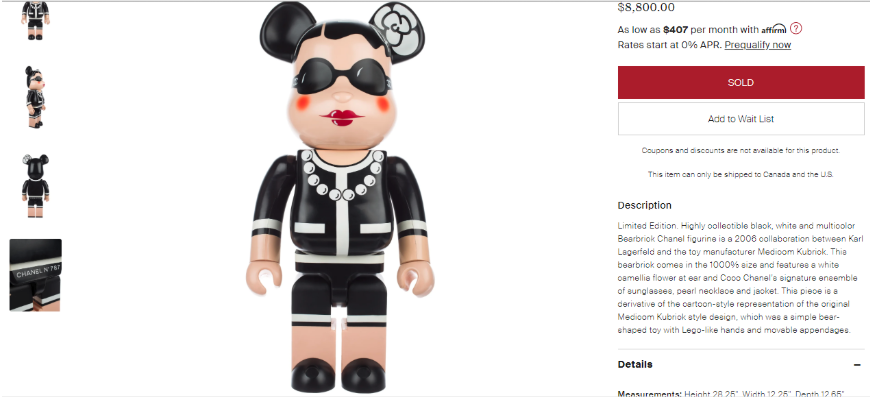 Screenshot of a Chanel x Bearbrick collab doll sold by The RealReal.