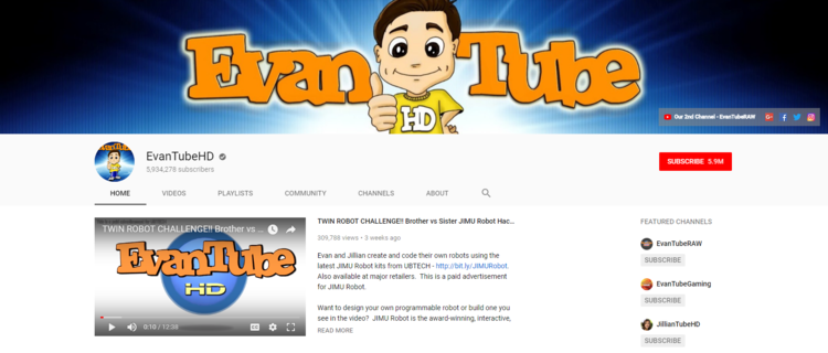 Screenshot of EvanTube channel on YouTube.