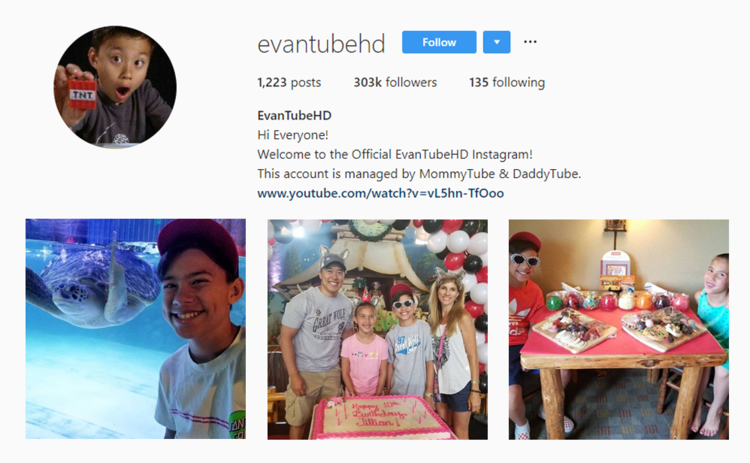 Screenshot of EvanTube's handle on Instagram.