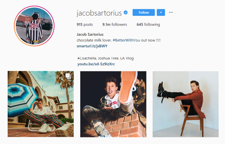Screenshot of Jacob Sartorious's handle on Instagram.