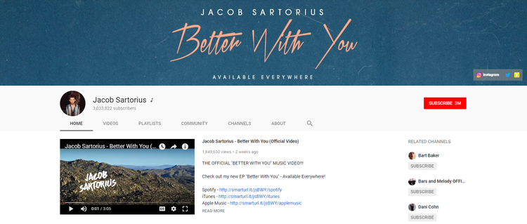 Screenshot of Jacob Sartorious channel on YouTube.