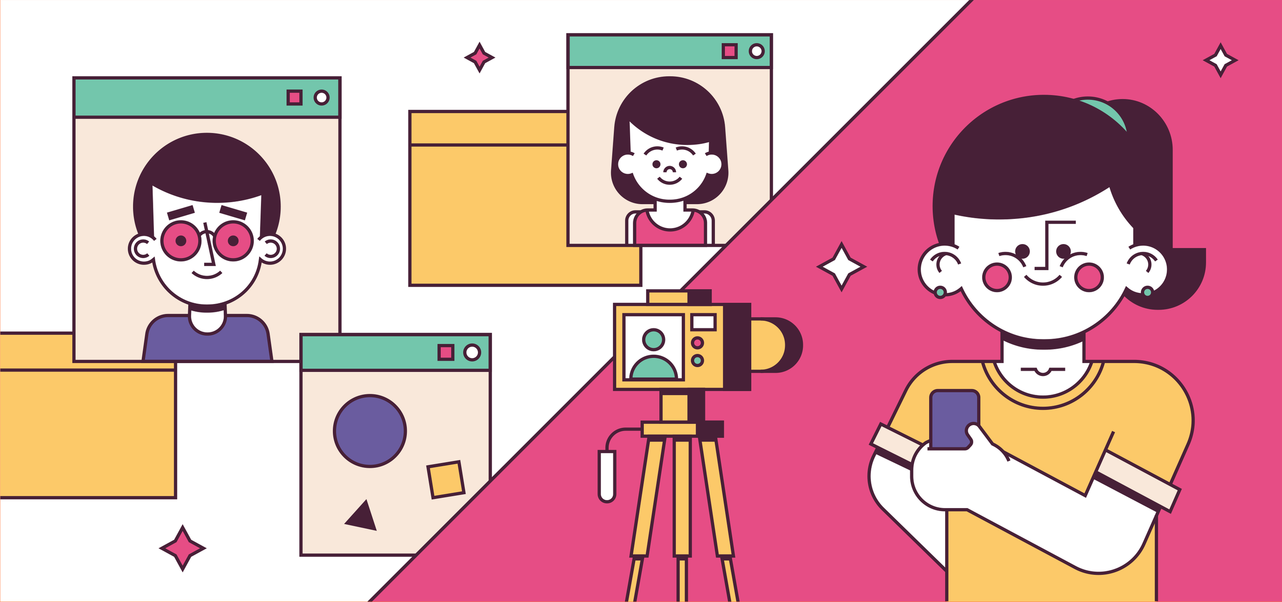 Colourful line illustration of children with a video cam which reads 9 MAGNETIC KID INFLUENCERS WE CAN'T GET ENOUGH OF