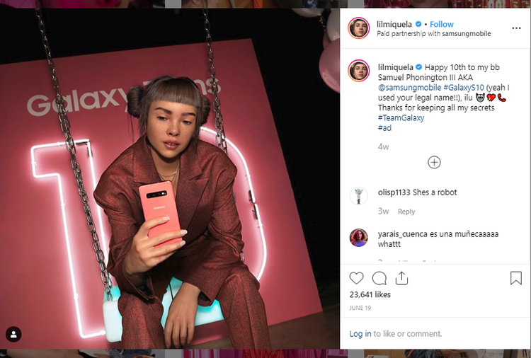 Screenshot of a post from lilmiquela's handle of her using a Samsung on instagram.