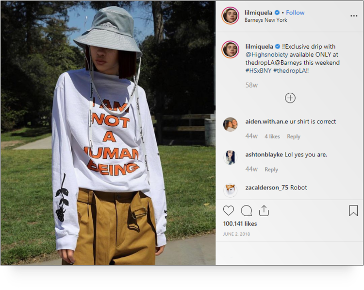 Screenshot of a post from lilmiquela's handle on instagram.