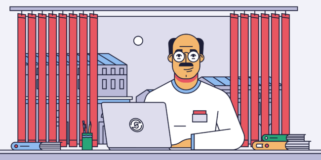 line illustration of balding man with cool mustache and glasses