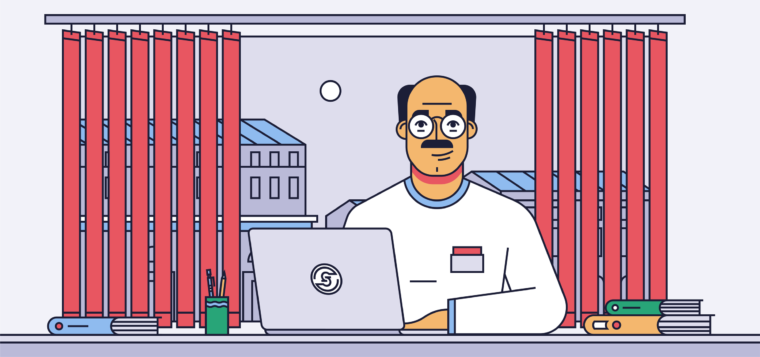 line illustration of balding man with cool mustache and glasses