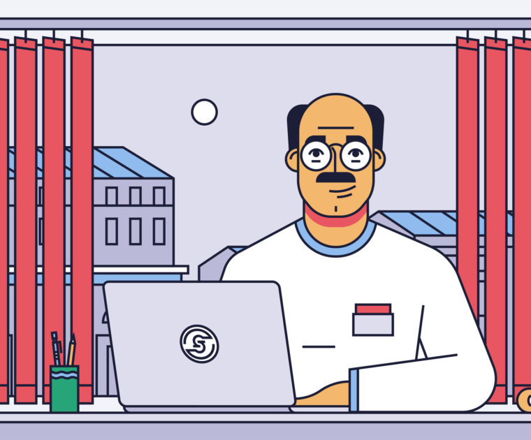 line illustration of balding man with cool mustache and glasses