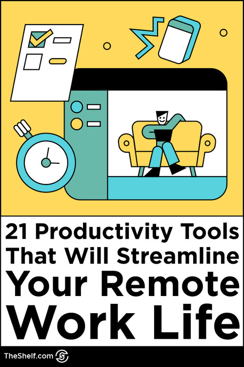 Pinterest Pin of colorful line illustration of 21 productivity tools for your team