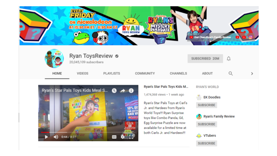 Screenshot of  Ryan ToysReview Channel on YouTube.