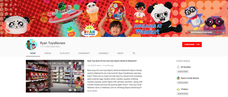 Screenshot of Ryan ToysReview channel on YouTube.