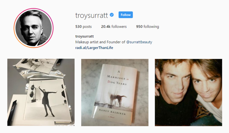screenshot of Instagram profile for MUA @troysurratt