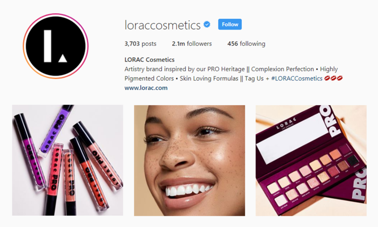 screenshot of Instagram profile for MUA @loraccosmetics