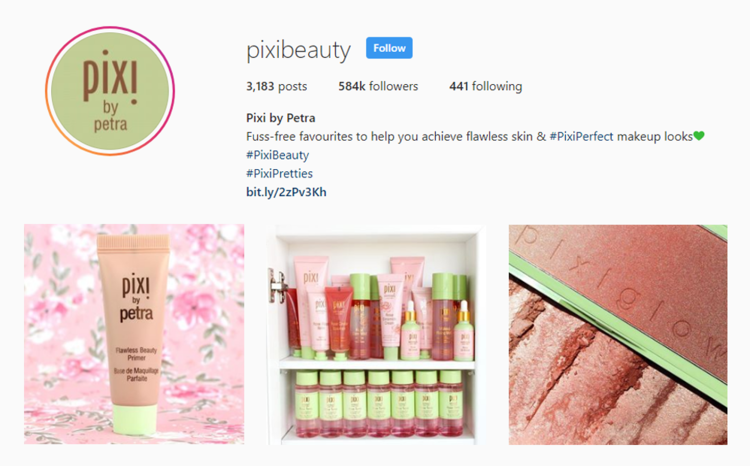 screenshot of Instagram profile for MUA @pixibeauty