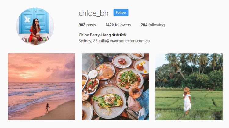 screenshot of Instragram profile of Australian influencer @CHLOE_BH
