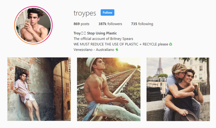 screenshot of Instragram profile of Australian influencer @TROYPES