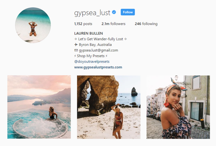 screenshot of Instragram profile of Australian influencer @GYPSEA_LUST