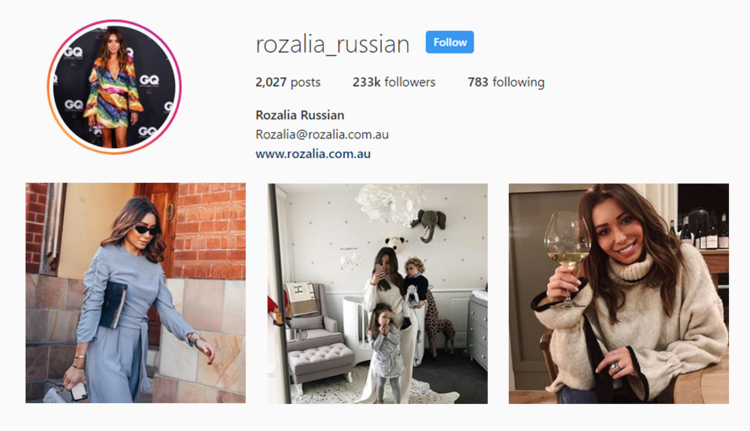 screenshot of Instragram profile of Australian influencer @ROZALIA_RUSSIAN