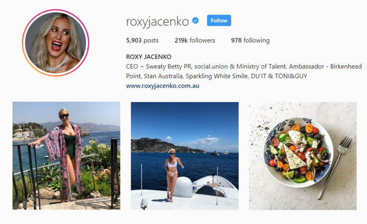 screenshot of Instragram profile of Australian influencer @ROXYJACENKO