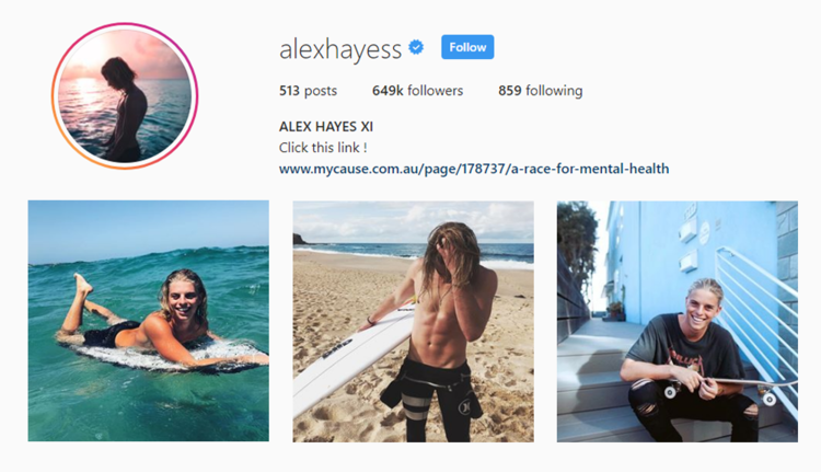 screenshot of Instragram profile of Australian influencer @ALEXHAYESS