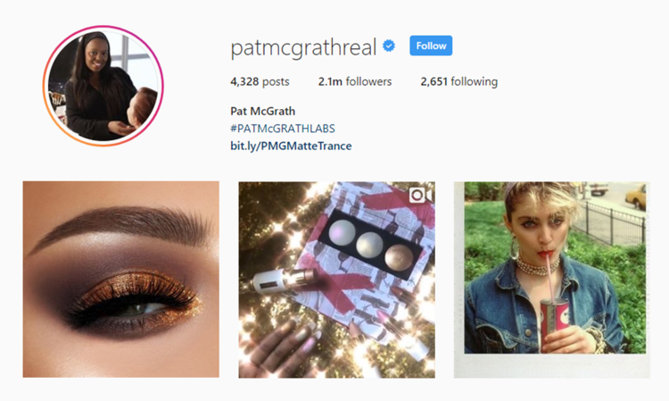 screenshot of Instagram profile for MUA @patmcgrathreal