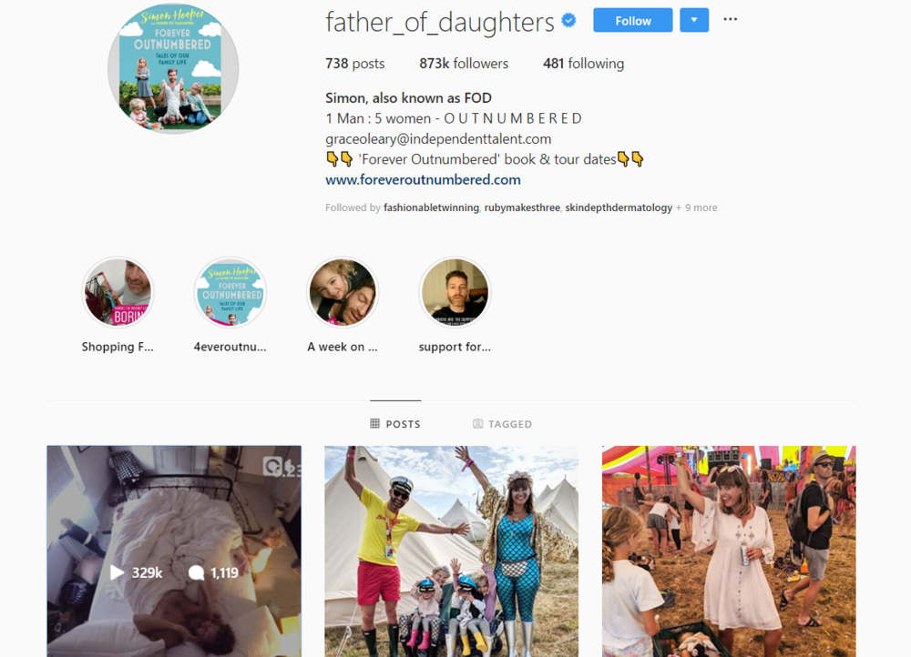 screenshot of Instagram profile of FATHER OF DAUGHTERS - SIMON HOOPER