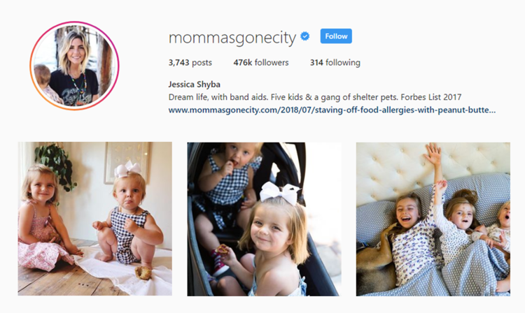 screenshot of Instagram profile of MOMMAS GONE CITY - JESSICA SHYBA